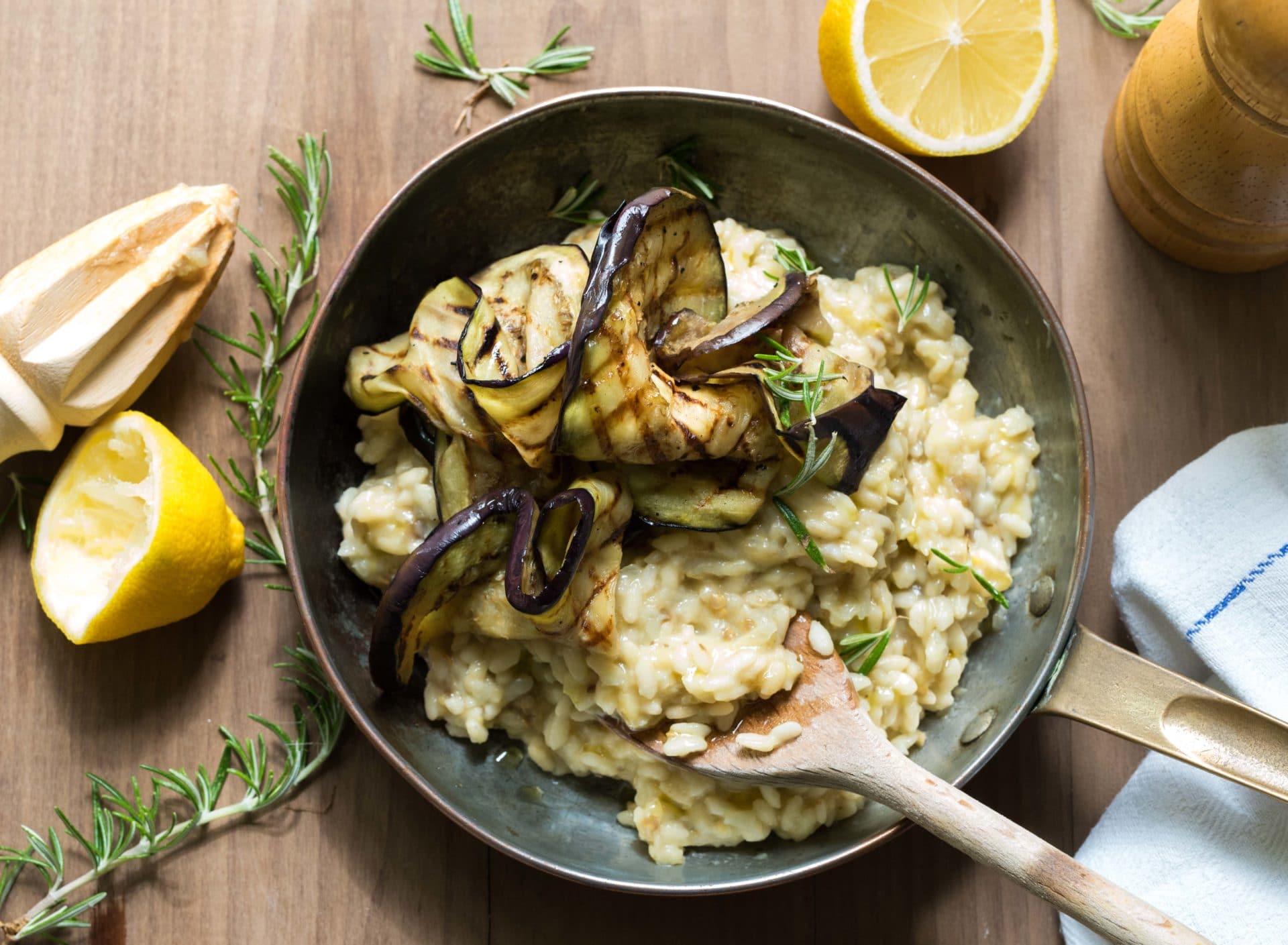 aubergine and lemon risotto topped with griddled slices of aubergine