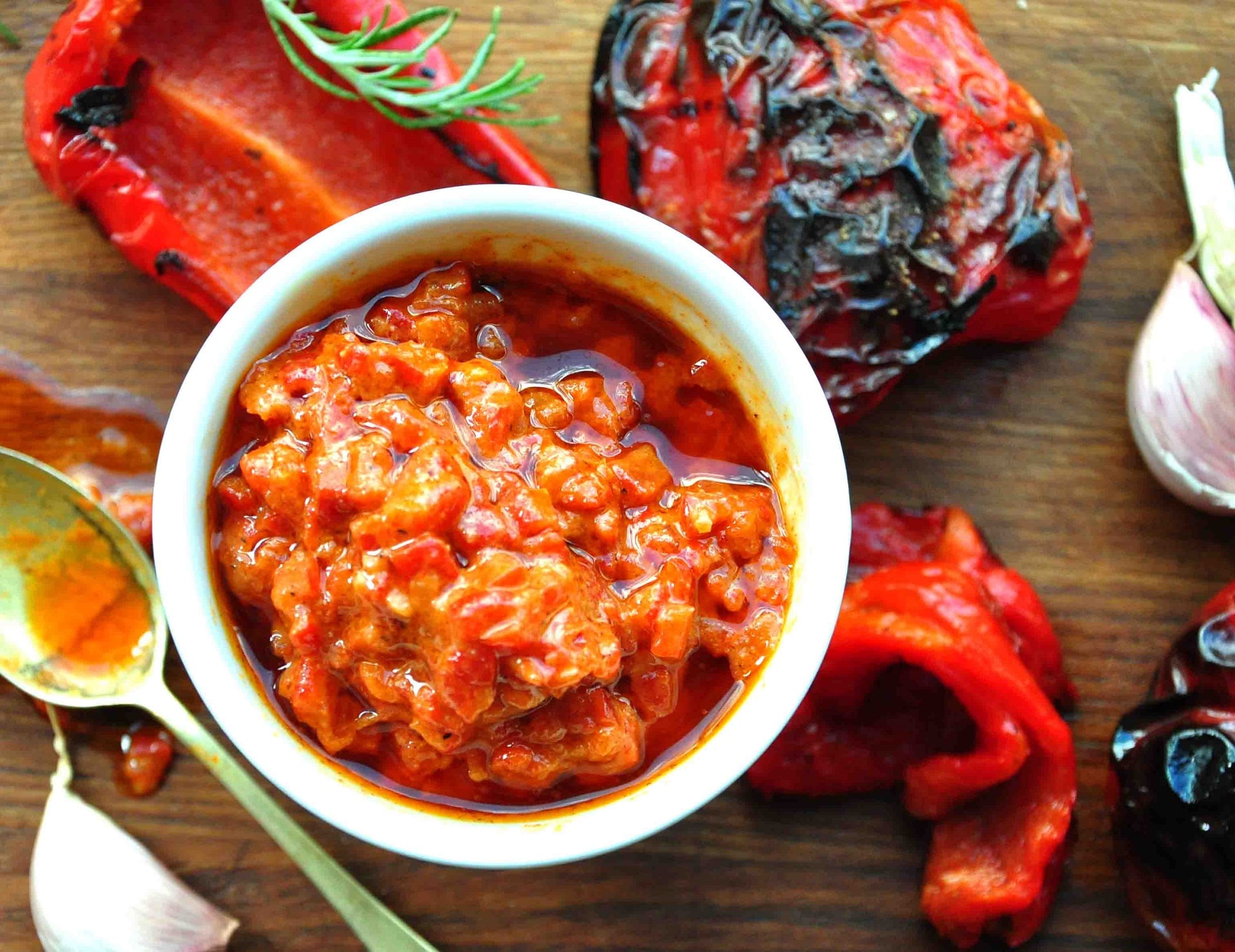 a roast red pepper sauce made with a rough puree of slow roast red peppers