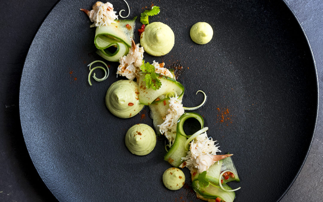avocado mousse served with ribbons of cucumber ceviche and fresh local crab, dressed with coriander leaves and finely sliced spring onion