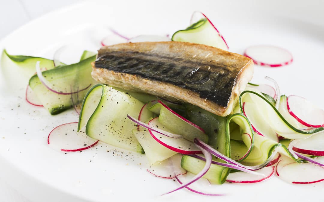 a pan fried piece of black stripey mackerel sits ontops of bright grren pickled cucumber salad with slices of pink radish