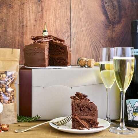 A birthday celebration hamper with chocolate cake